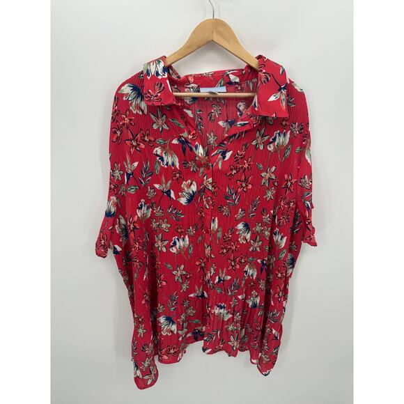 Only Necessities Button Up Top Women 3X Red/Pink Floral Georgette Pleated - Picture 1 of 8